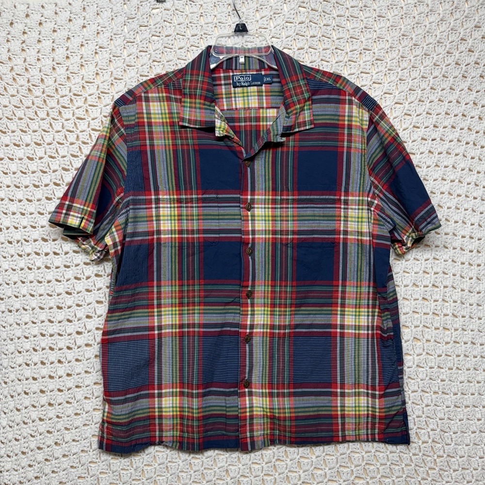Vintage Polo Ralph Lauren Shirt Mens XL Blue Red Plaid Camp Chest Pockets Collar